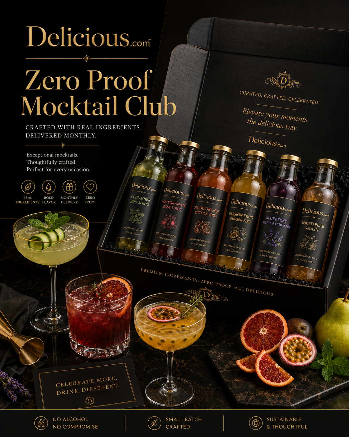 Delicious.com Zero Proof Mocktail Club luxury bottle mockup