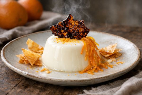 Orange Blossom & Saffron Panna Cotta with Burnt Honey Tuile, Candied Orange Peel & Crispy Phyllo Shards