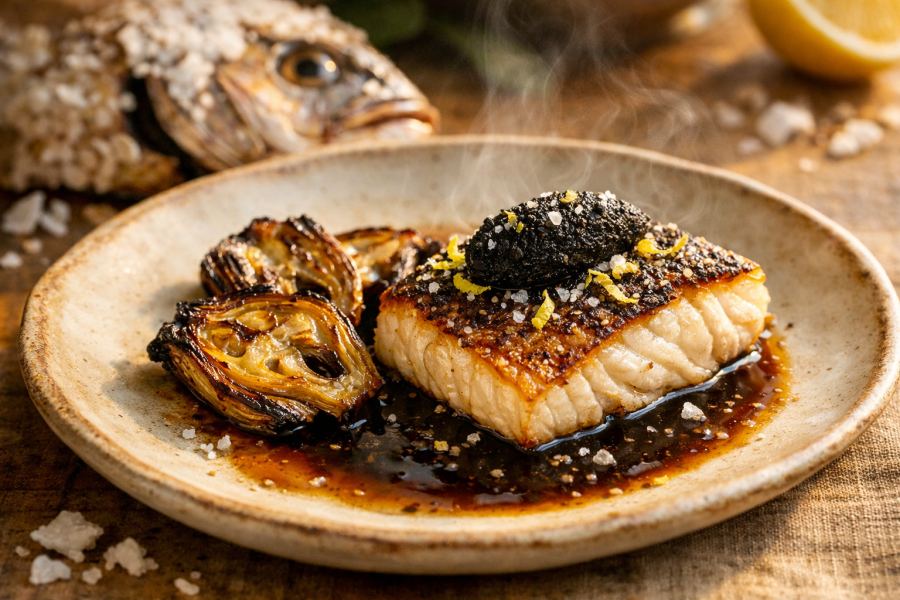Whole Roasted Porgy en Croûte de Sel with Charred Tapenade Crust, Crispy Artichoke & Burnt Lemon Jus