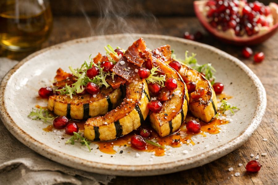 Charred Delicata Squash & Roasted Garlic Salad with Crispy Prosciutto, Pomegranate & Burnt Orange Oil