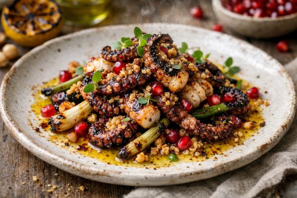 Grilled Octopus & Charred Spring Onion Salad with Burnt Lemon Oil, Pomegranate & Crispy Chickpea Crumb