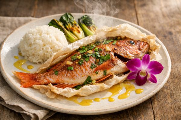 Whole Lapu-Lapu en Papillote with Lemongrass-Lime Beurre Blanc, Charred Baby Bok Choy & Fragrant Jasmine Rice