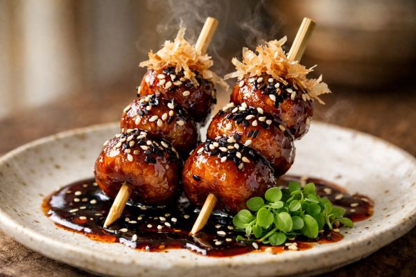 Crispy Tteokbokki Rice Cake Skewers with Gochujang-Black Garlic Glaze, Bonito Flake Shower & Toasted Sesame Dust