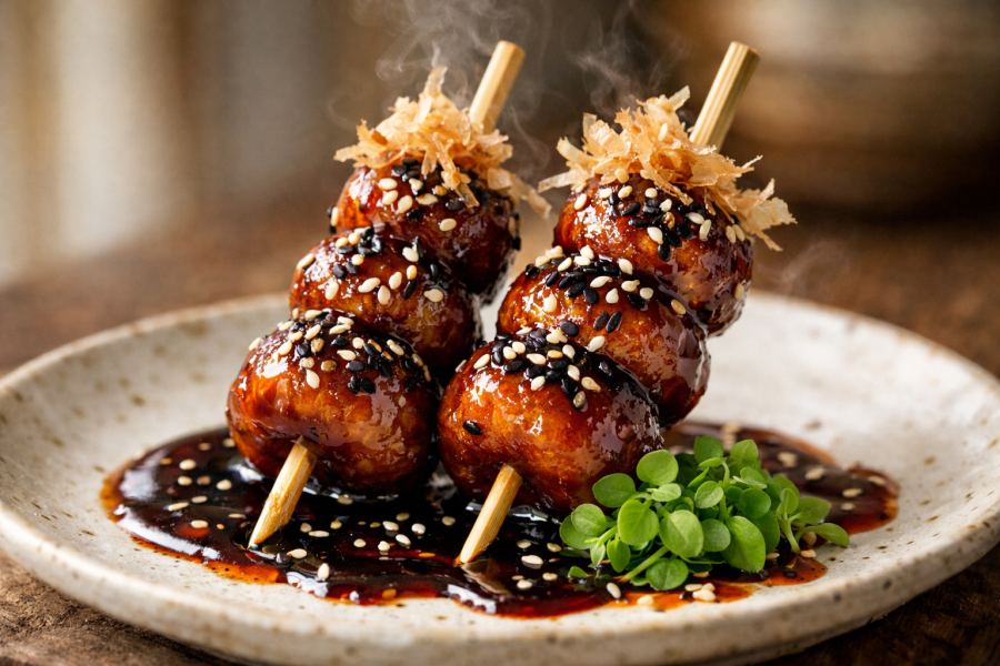 Crispy Tteokbokki Rice Cake Skewers with Gochujang-Black Garlic Glaze, Bonito Flake Shower & Toasted Sesame Dust