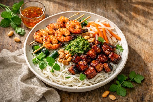 Bún Chả Tôm—Grilled Shrimp & Charred Herb-Scallion Paste over Rice Vermicelli with Caramelized Pork Jowl