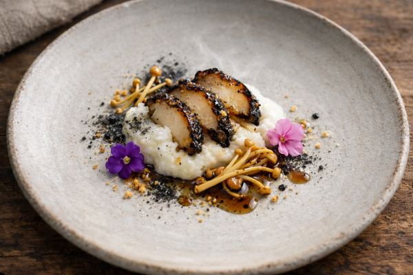 Chilled Hama Chō Enoki & Grilled Abalone with Yuzu Kosho, White Miso Emulsion & Crispy Garlic Chip Dust