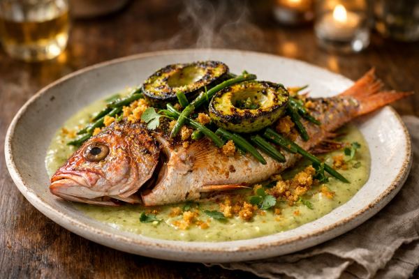 Whole Roasted Red Snapper en Papillote with Sofrito Emulsion, Charred Avocado, Charred Sea Beans & Crispy Garlic-Lime Breadcrumbs