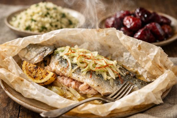 Whole Roasted Robalo en Papillote with Saffron, Fennel & Charred Lemon; Herbed Couscous & Roasted Beets