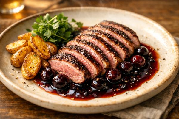 Herb-Brined & Pan-Seared Duck Breast with Charred Cherry Gastrique, Crispy Fingerling Potatoes & Summer Herb Salad